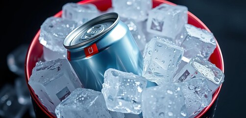 Aluminum can chilling in ice cubes, condensation visible,  drink,  branding
