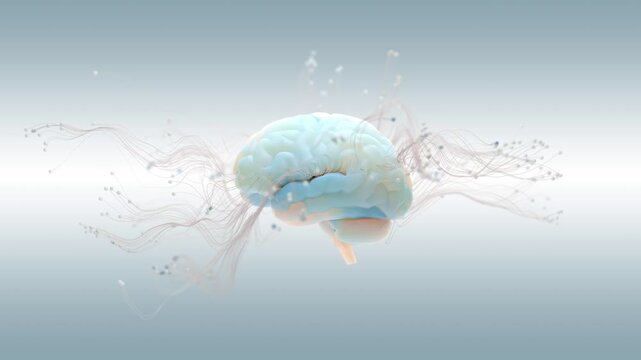 Brain revolve around oneself seamless loop simulation. Curving line or nerves moving away from brain. Animation resembling tree root that gradually branched out with scattered movement. 3D Render.