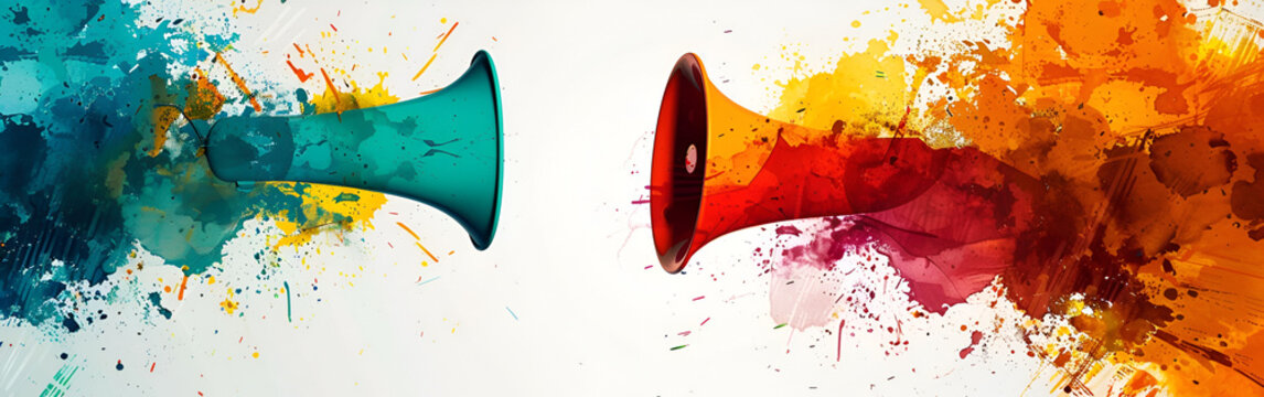 Dynamic megaphones blast vibrant paint splatters, symbolizing loud announcements and energetic communication