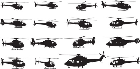 Illustration of collection of helicopter silhouettes showcasing different models and designs in a simple and clean style © VectoVerse