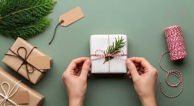 Hands wrapping a christmas gift with string and fir branch