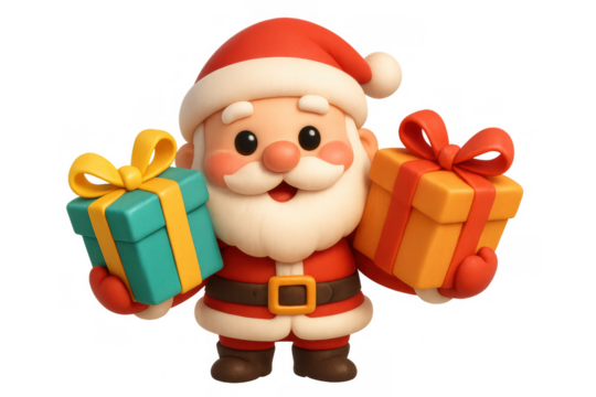 Cute santa claus character delivering christmas gifts and presents on transparent background