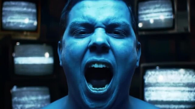 Blue-toned man yelling in front of vintage TVs, conveying anger or frustration; used for drama
