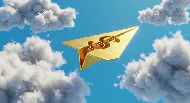 Golden Paper Airplane with Dollar Sign Soaring Through Cloudy Skies Symbolizing Financial Success and Investment Growth