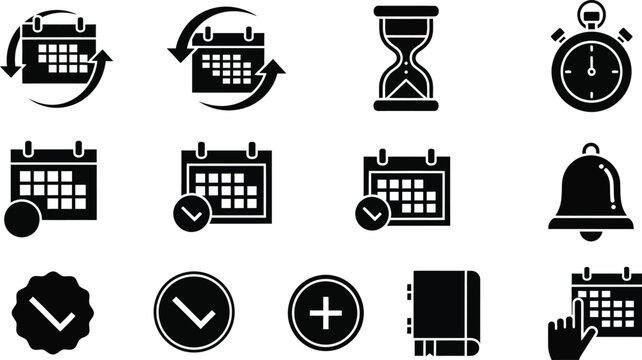 Alarm clocks solid icons set – flat, filled, time management and reminder tools