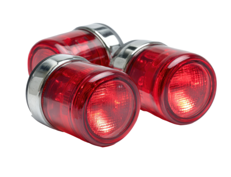 Three bright red, circular, illuminated objects with chrome rings, against a black backdrop