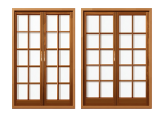 Two matching wooden-framed glass doors with grid-like panes, set against a black background