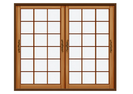 A detailed illustration of a wooden sliding door with multiple square panes of glass
