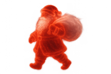 Santa claus walking and carrying a sack on his shoulder, glowing red silhouette creating a festive christmas and holiday vibe