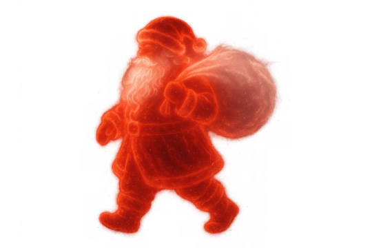 Santa claus walking and carrying a sack on his shoulder, glowing red silhouette creating a festive christmas and holiday vibe
