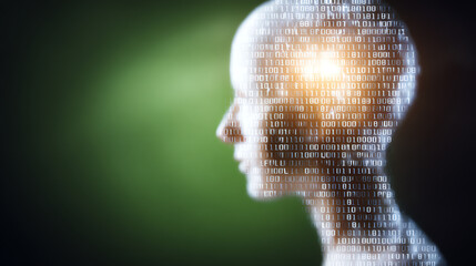 Futuristic digital head silhouette with binary code and glowing light, representing artificial intelligence and innovation.
