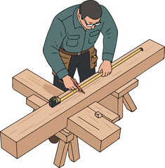 Carpenter Measuring Wood Beam with Tape Measure on Sawhorses
