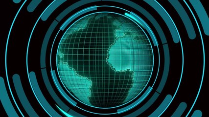 Futuristic Digital Globe with Cyan Neon Ring Interface on animation Black Background earth world. Vibrant futuristic Earth globe with glowing cyan ring and animated interface elements, emphasizing . - Powered by Adobe