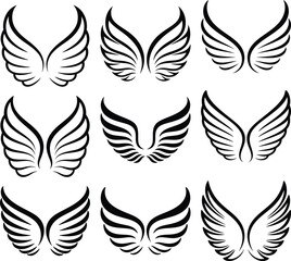 Collection of stylized angel wings designs in black and white