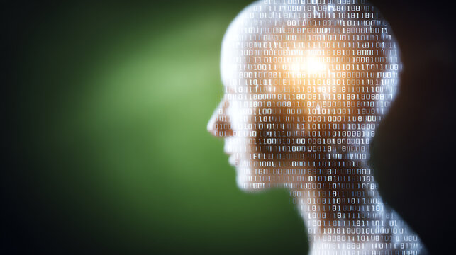 Futuristic digital head silhouette with binary code and glowing light, representing artificial intelligence and innovation.