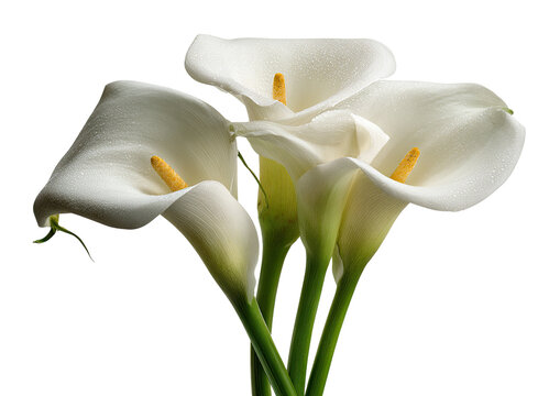 A close-up of four elegant white calla lilies with yellow centers, against black