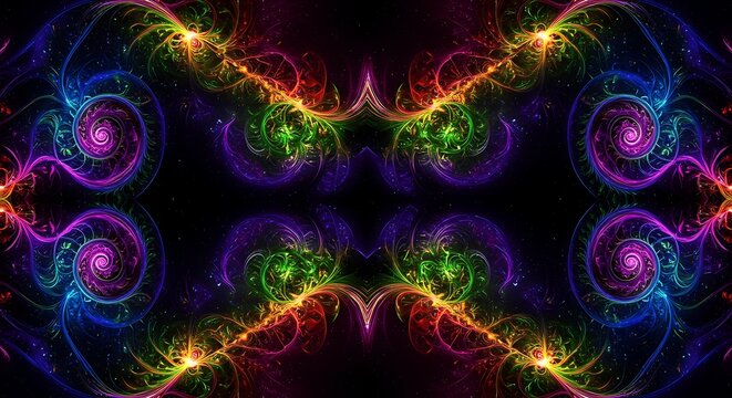 Abstract symmetrical fractal artwork featuring vibrant rainbow colors and swirling patterns on a dark background