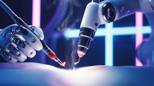 Robotic arms wield precise tools under neon lights performing a high-tech surgical task in glow. OK