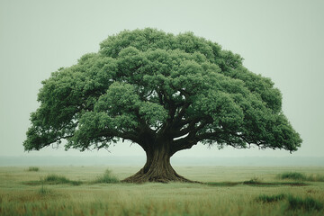 Fototapeta premium Majestic lone tree in lush green field under overcast sky