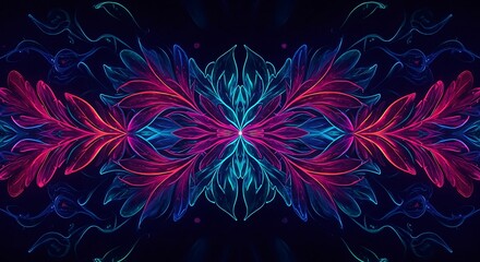 An intricate symmetrical ornament of glowing ethereal patterns with vibrant pink and blue fractal leaves