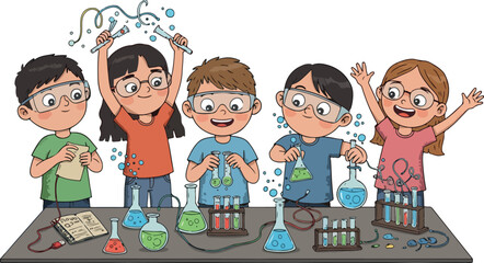 Children In Science Class Performing Experiments With Beakers And Test Tubes
