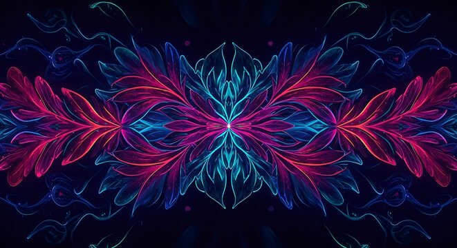 An intricate symmetrical ornament of glowing ethereal patterns with vibrant pink and blue fractal leaves