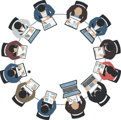 Circular Meeting of Diverse Professionals with Laptops and Documents