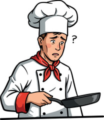 Confused Chef Holding Frying Pan White Hat Red Scarf Uniform Isolated