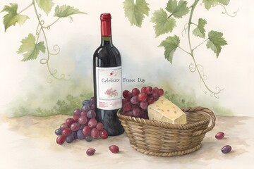 A still life watercolor painting featuring a bottle of red wine a bunch of grapes and a basket of cheese with delicate vine leaves in the background silhouette