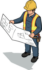Construction Worker in Yellow Hard Hat Reviews Blueprints