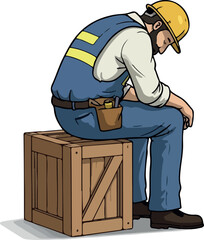 Construction Worker Blue Overalls Yellow Hard Hat Sitting On Wooden Crate Sad