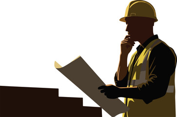 Construction worker in hard hat reviews blueprint plan outdoors bright sunlight