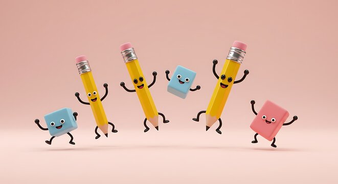 Cute cartoon pencils and erasers jumping and dancing joyfully on a pink background, perfect for back to school or creative projects