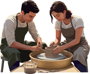 Couple Crafting Pottery Together on Wheel