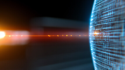 Futuristic technology concept with glowing network sphere and light streaks, showcasing digital connectivity and innovation.