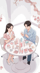 Couple Discussing Skincare Products at a White Table with Cherry Blossoms