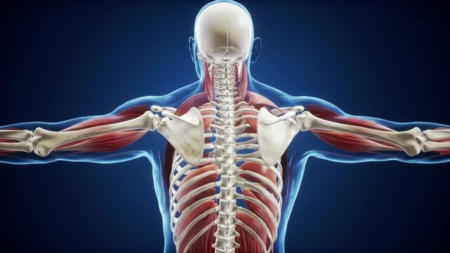 Human musculoskeletal system in medical model, blue background for anatomy study and education