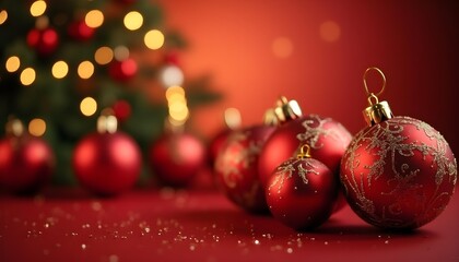 Elegant red and gold Christmas ornaments with soft bokeh lights background 