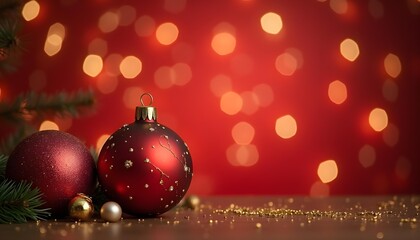 Elegant red and gold Christmas ornaments with soft bokeh lights background 