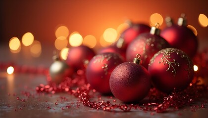 Elegant red and gold Christmas ornaments with soft bokeh lights background 
