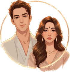 Couple Portrait Illustration Traditional Indian Attire
