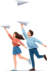 Couple Launching Paper Airplanes White Background Minimal Illustration