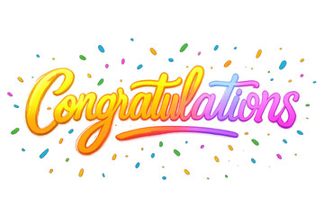 Colorful gradient text congratulations with falling confetti isolated on transparent background