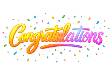Colorful gradient text congratulations with falling confetti isolated on transparent background