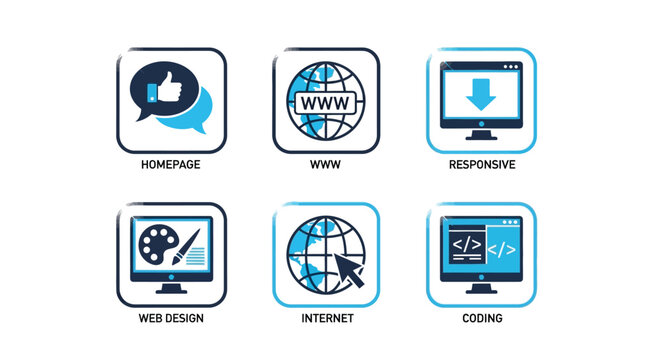 Vector illustration of collection of web development icons, featuring homepage, www, responsive design, web design, internet, and coding, representing various aspects of website creation