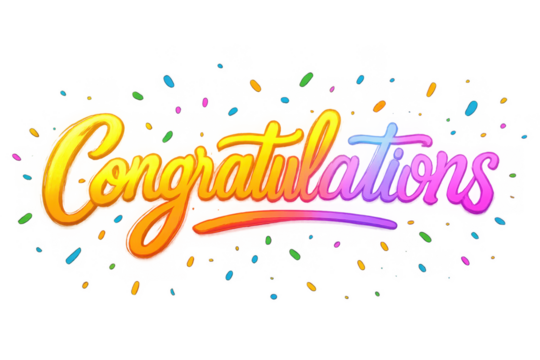 Colorful gradient text congratulations with falling confetti isolated on transparent background - Powered by Adobe