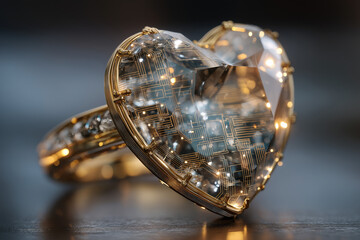 Floating crystal heart pendant with gold ring and glowing circuit trace lines on soft bokeh background
