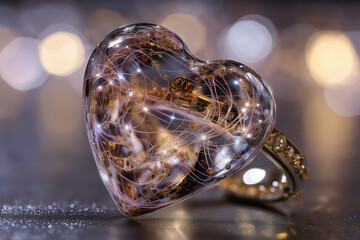 Floating crystal heart pendant with gold ring and glowing circuit trace lines on soft bokeh background