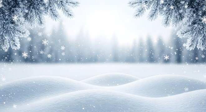 Snowy winter landscape with snow covered trees and falling snowflakes