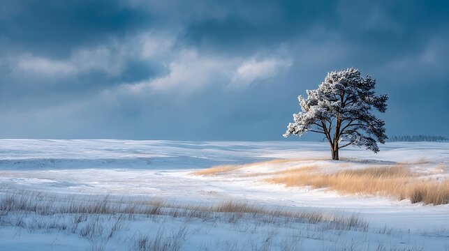 Minimal winter landscape with lone pine tree and expansive snow field providing clean space for text overlay, ideal for modern presentation, corporate marketing, or seasonal branding design